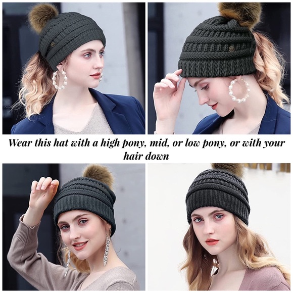 Dark Gray Knit Criss Cross Ponytail Pom Pom Beanie with Mask Buttons - Picture 3 of 15